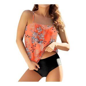 Women's Orange Black Floral Tankini Bikini Swimsuit Size Medium EUC #1666